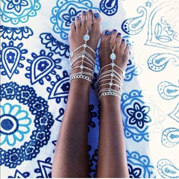 Silver Multilayered Adjustable Boho Coin Anklet Foot Chains - Set of 2 - Picture 3 of 6